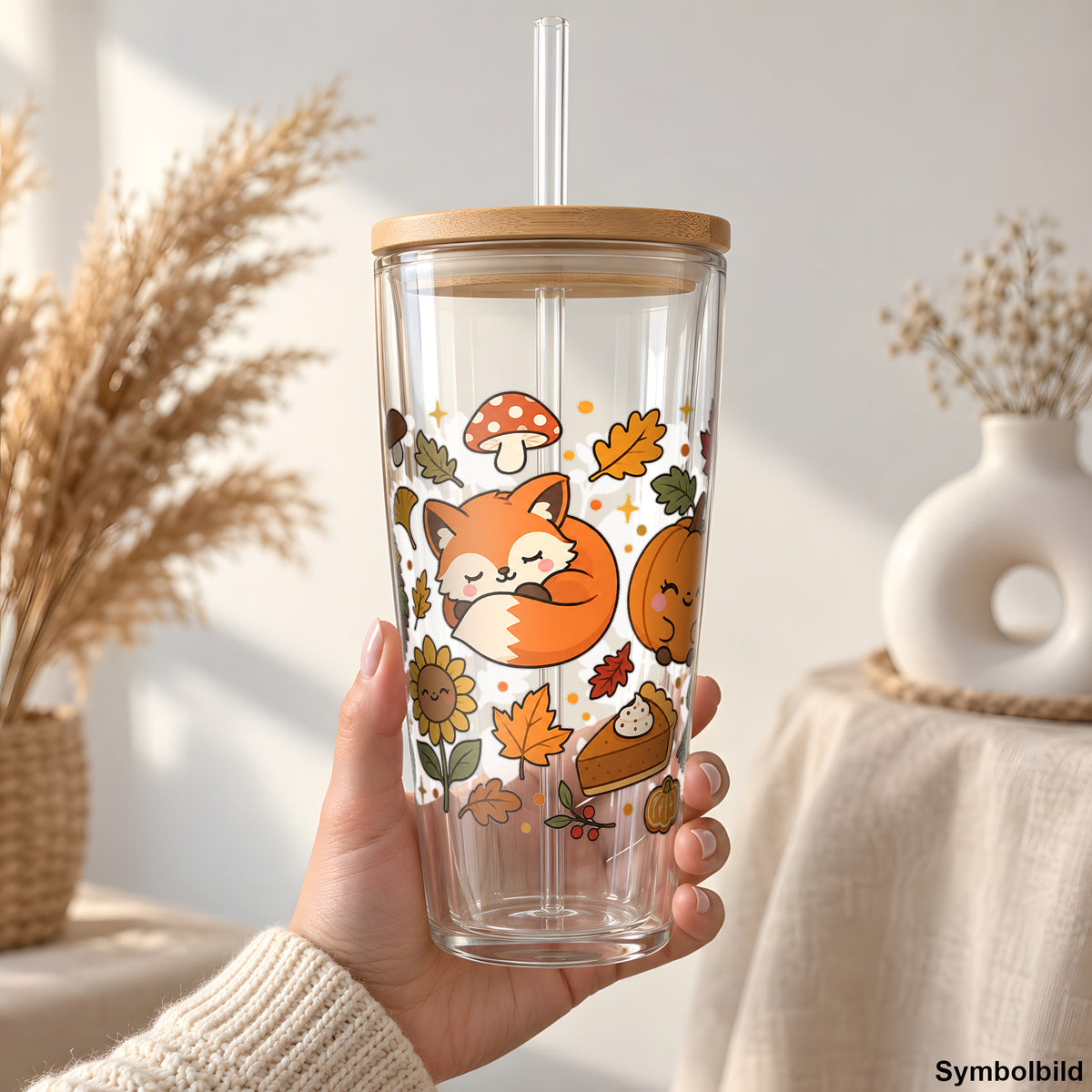 Kawaii-Herbst mit Igel & Fuchs als UV-DTF Sticker auf einem 24oz Glas-Tumbler