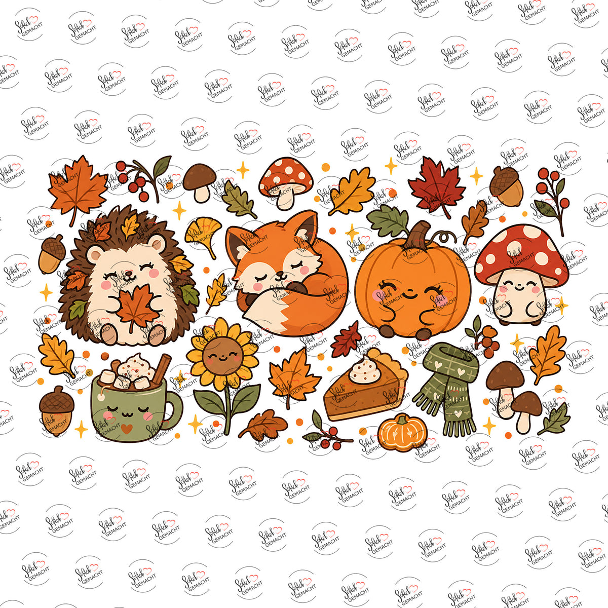 Kawaii-Herbst mit Igel & Fuchs als UV-DTF Sticker einzeln