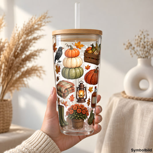 Herbsternte mit Heuballen & Laterne als UV-DTF Sticker auf einem 24oz Glas-Tumbler