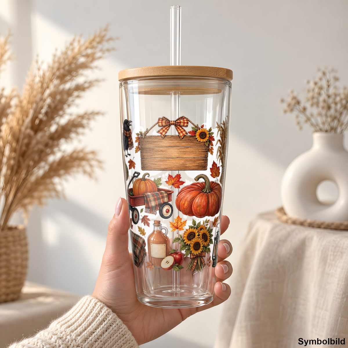 Herbsternte mit Kürbiswagen & Rabe als UV-DTF Sticker auf einem 24oz Glas-Tumbler