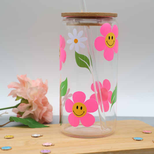 Smiley Flowers | Trinkglas 500 ml | Strohhalm + Deckel