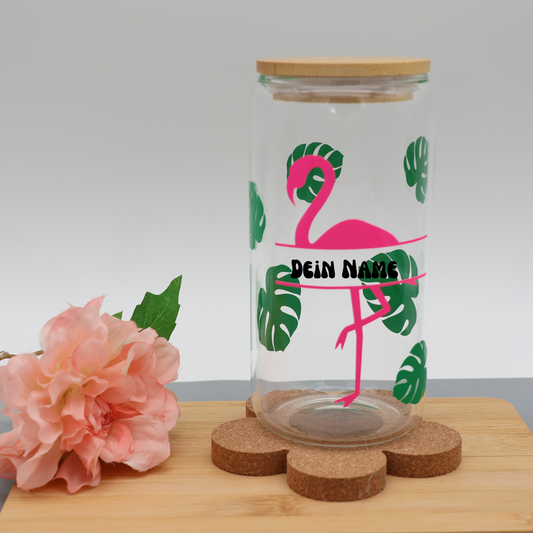 Flamingo personalisierbar | Trinkglas 500 ml | Strohhalm + Deckel