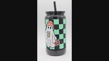 Plastikbecher mit Strohhalm - Checkered Ghost