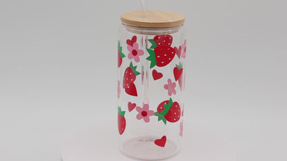 Erdbeeren | Trinkglas 500 ml | Strohhalm + Deckel