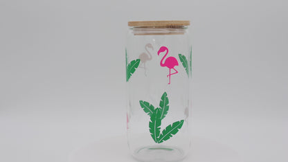 Flamingo & Leaf | Trinkglas 500 ml | Strohhalm + Deckel
