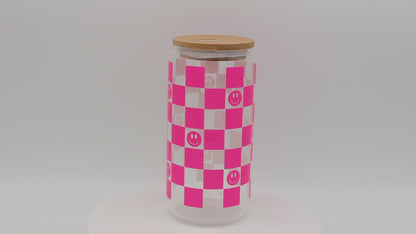 Checkered Smiley | Trinkglas 500 ml | Strohhalm + Deckel